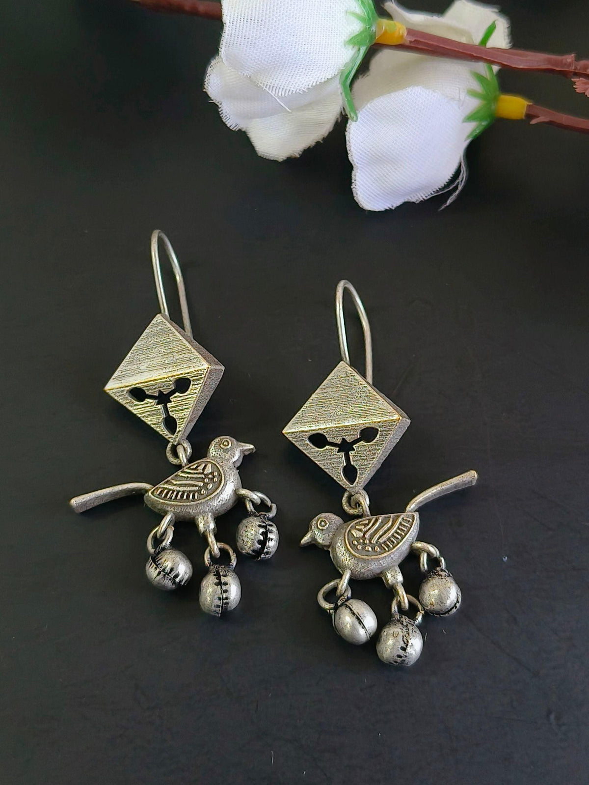 Silver Oxidised Bird Hook Earrings with Metal Ghungroos | Dynamic Jewelove