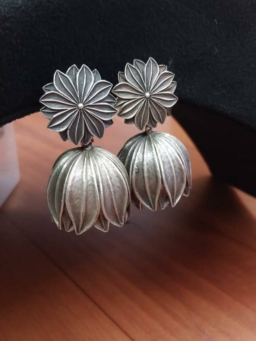 Floral  Oxidized Lotus Jhumka Earrings | Dynamic Jewelove