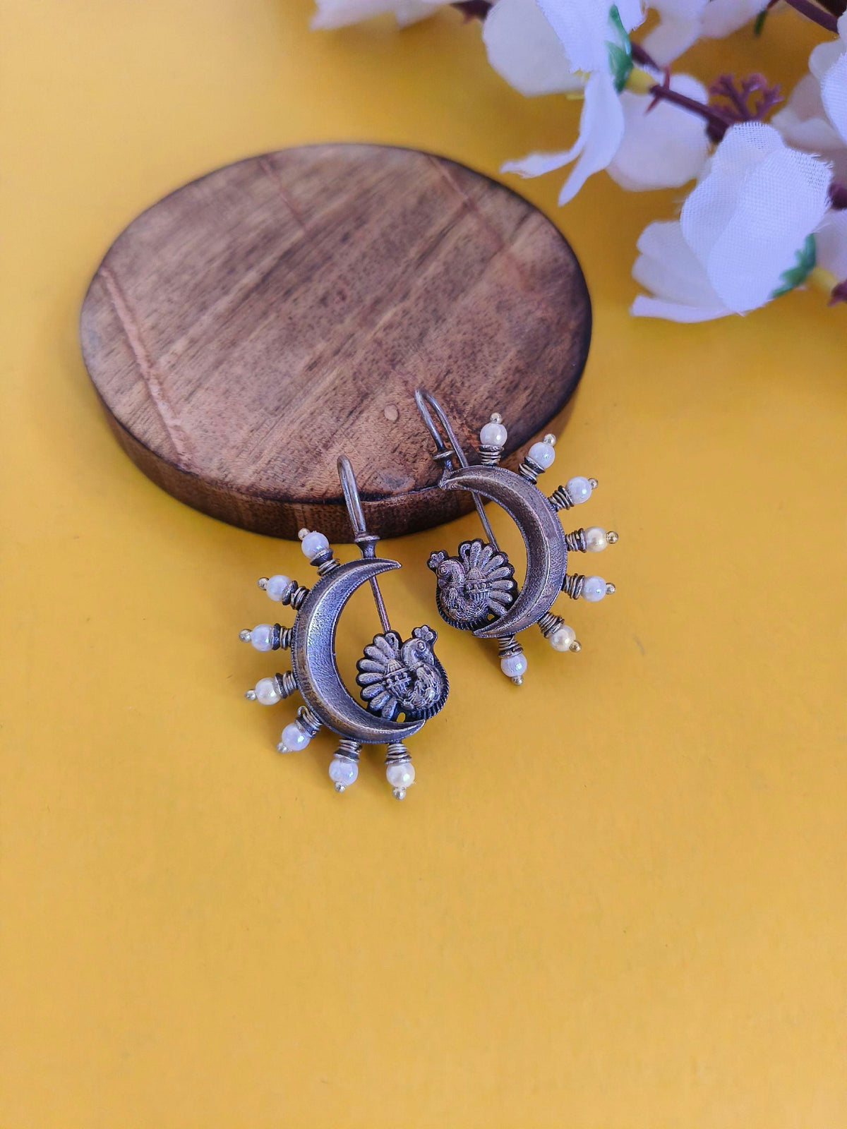 Silver Plated Crescent Oxidized Jhumka Earrings | Dynamic Jewelove