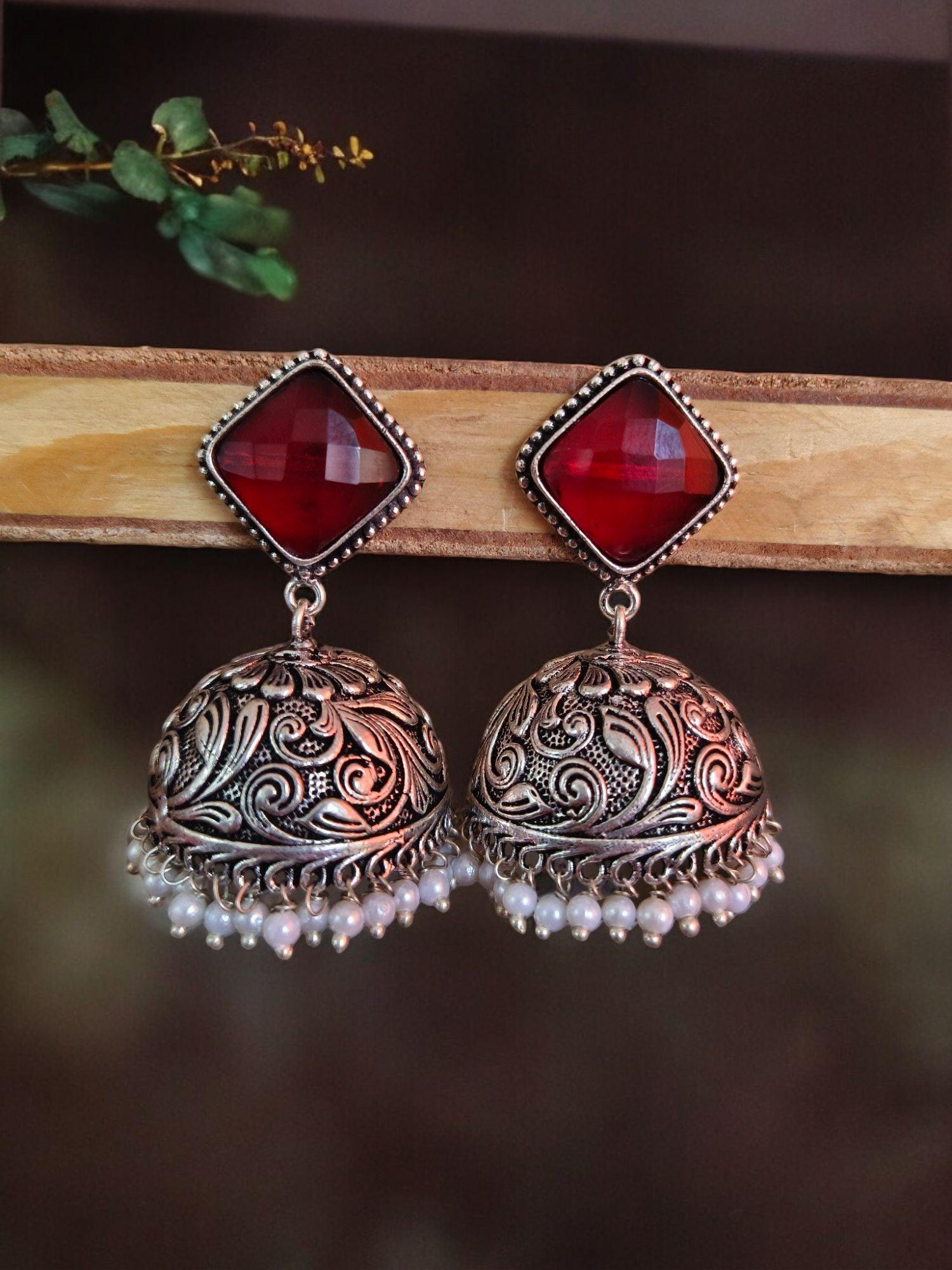 oxidised jhumkas with pearl