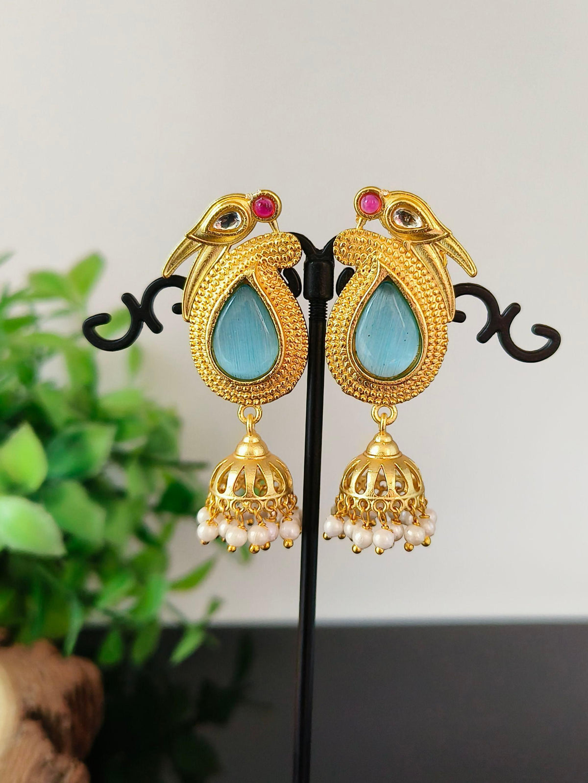 Long Gold Plated Jhumka Earring With Pearl and Monalisa Stone | Dynamic Jewelove