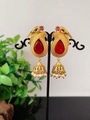 Long Gold Plated Jhumka Earring With Pearl and Monalisa Stone | Dynamic Jewelove