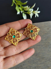 Gold Plated Stud Earring With Green and Red Stone | Dynamic Jewelove