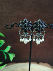 Floral Pearl Oxidised Stud Earrings | Dynamic Jewelove