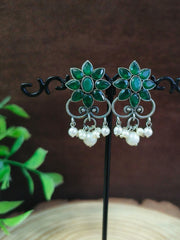 Floral Pearl Oxidised Stud Earrings | Dynamic Jewelove