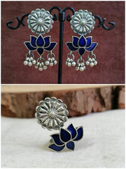 Brass Oxidized Enamel Stud with Finger Ring Earring | Dynamic Jewelove