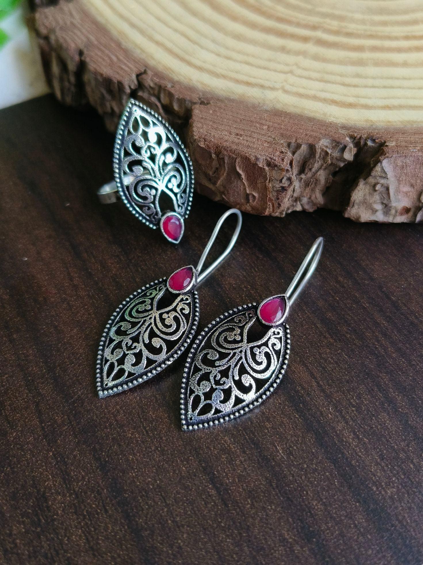 oxidized hook earrings with ring