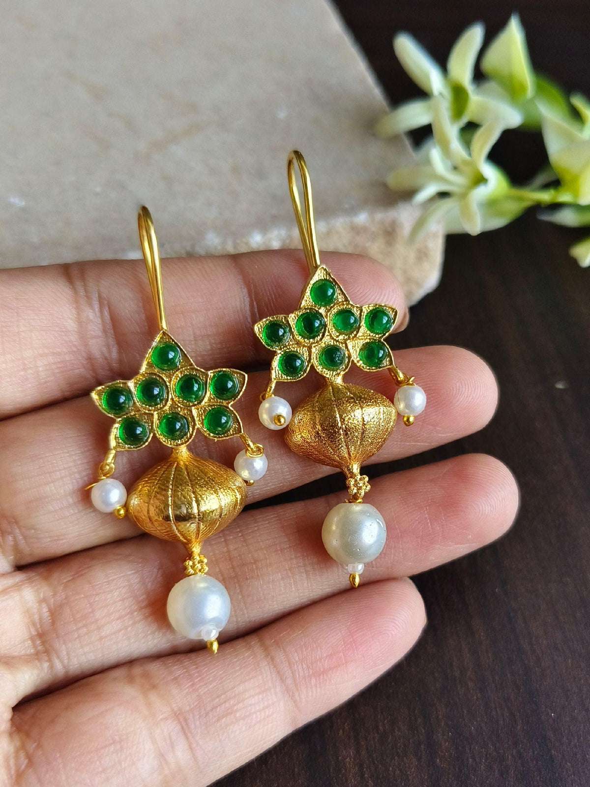 Kalash Style Gold Plated Hook Earring with White Pearl | Dynamic Jewelove