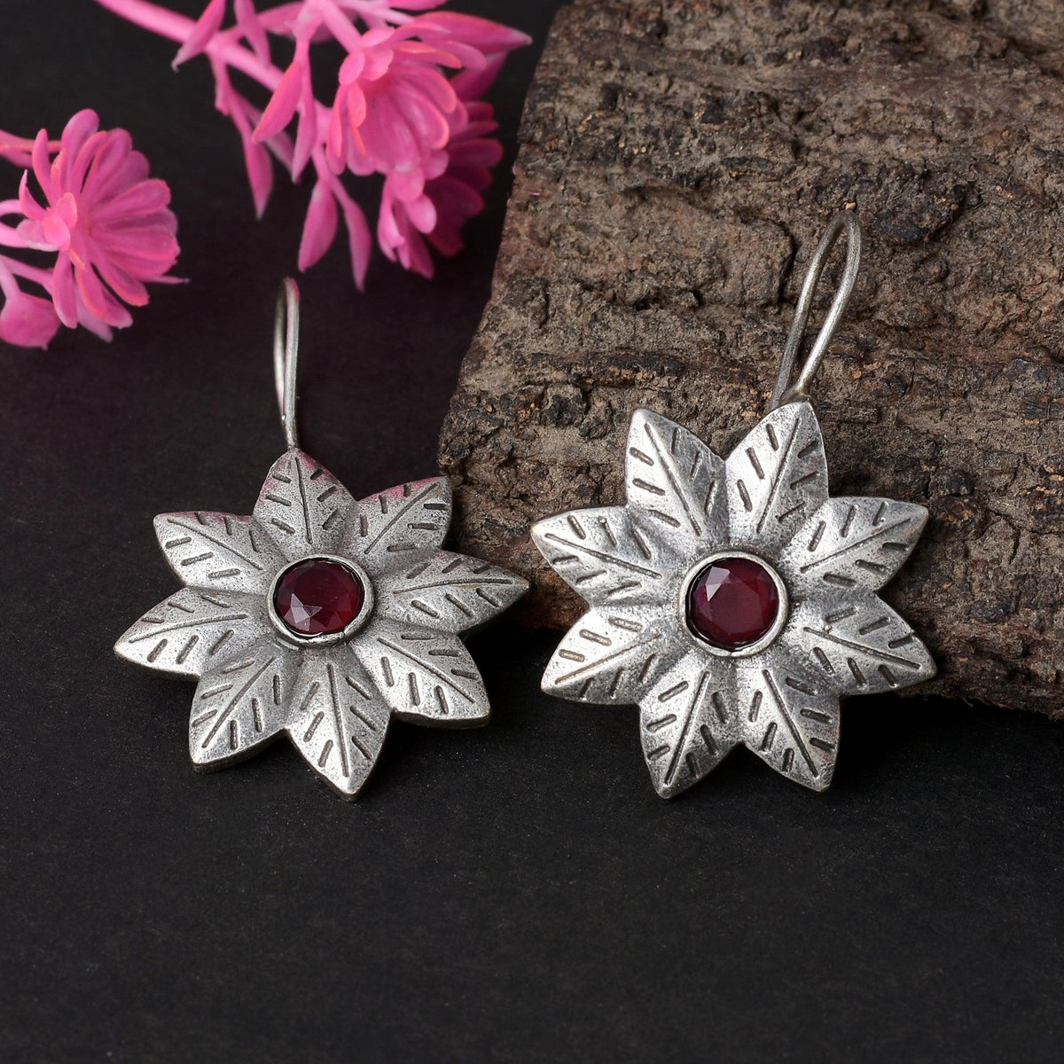 Star Leaf Oxidised Hook Earrings | Dynamic Jewelove