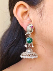 Traditional Silver Replica Peacock Jhumka Earrings with Monalisa Stone | Dynamic Jewelove