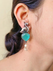 Oxidised Peacock Earrings with Monalisa Stone & Pearl Accents | Dynamic Jewelove