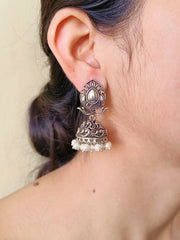 Elegant German Silver Pearl Jhumka Earrings with Intricate Floral Design | Dynamic Jewelove