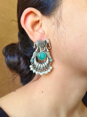 Broad Elephant Earrings with Monalisa Stone & Pearl Drops | Dynamic Jewelove