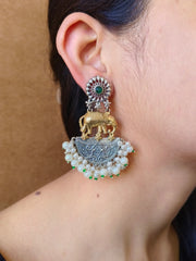 Royal Two-Tone Elephant Pearl Dangler Earrings for Festive Glam | Dynamic Jewelove