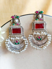 Silver Look-Alike Monalisa & Pearl Dangler Earrings – Ethnic Elegance! | Dynamic Jewelove