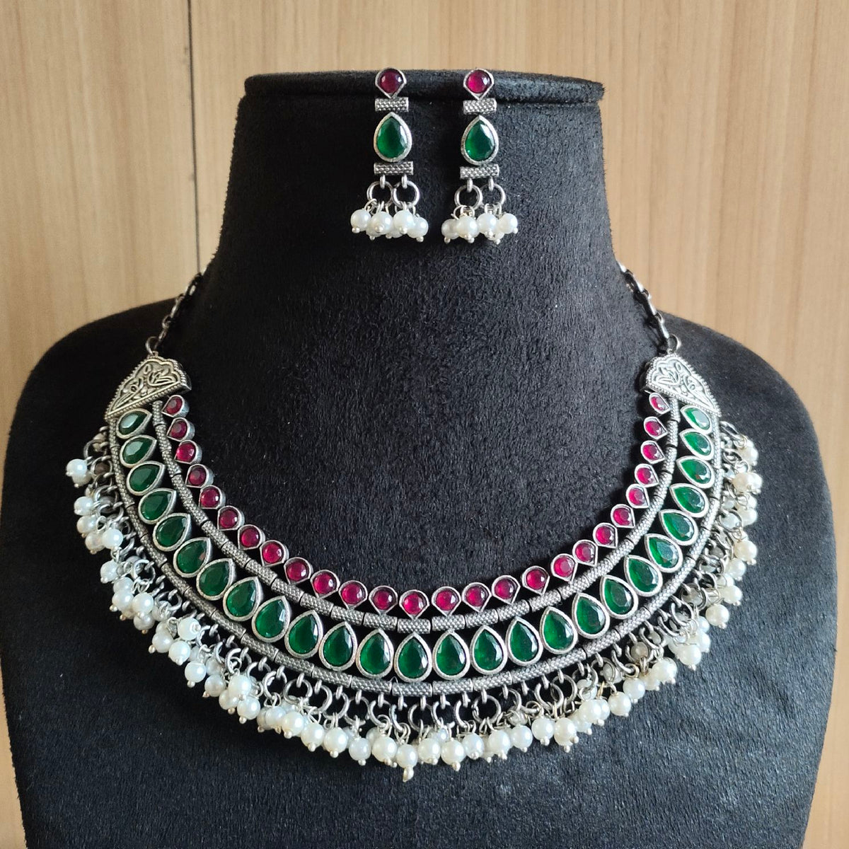 Oxidised Pearl Glow Party Necklace Set | Dynamic Jewelove