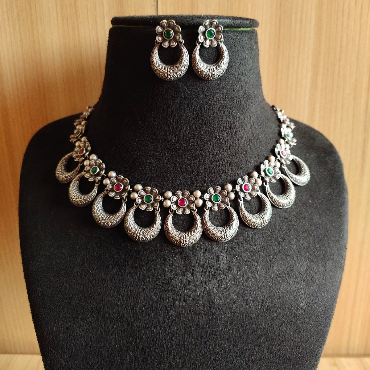 925 Silver Half-Moon Floral Necklace Set | Dynamic Jewelove
