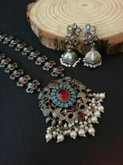 Traditional Silver Replica Pearl Drop Necklace Set | Dynamic Jewelove