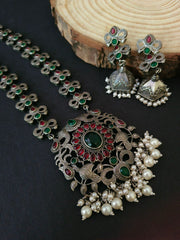 Traditional Silver Replica Pearl Drop Necklace Set | Dynamic Jewelove