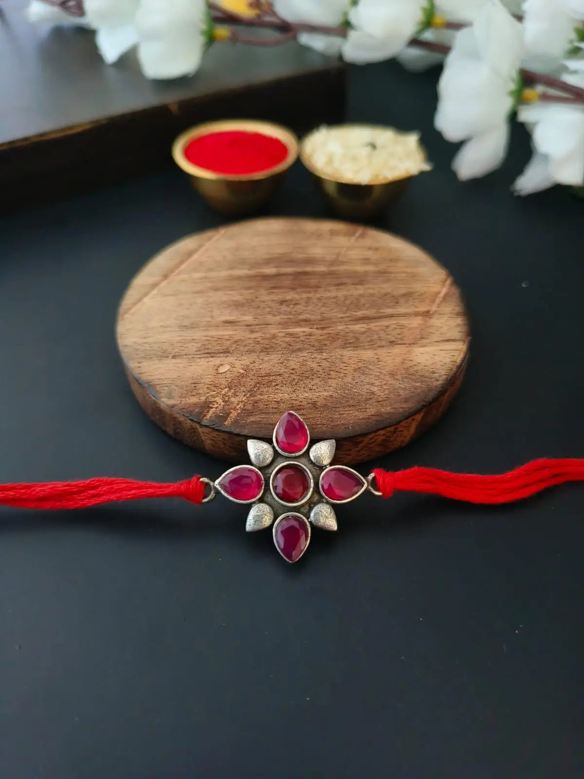 Red Stone Floral Oxidised Rakhi Design | Dynamic Jewelove