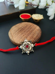 Antique Lotus Bhaiya Rakhi with Red Stone | Dynamic Jewelove