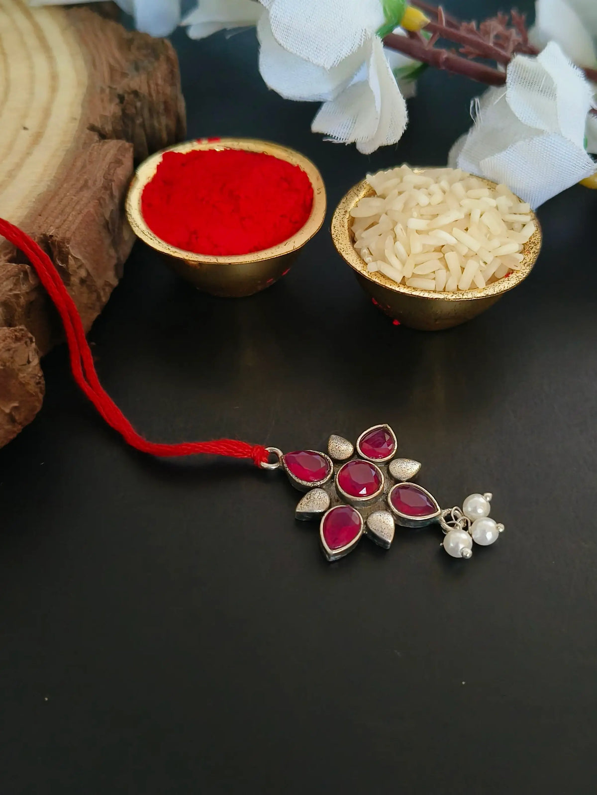 Pearl Drop Red Stone Lumba Rakhi Design | Dynamic Jewelove