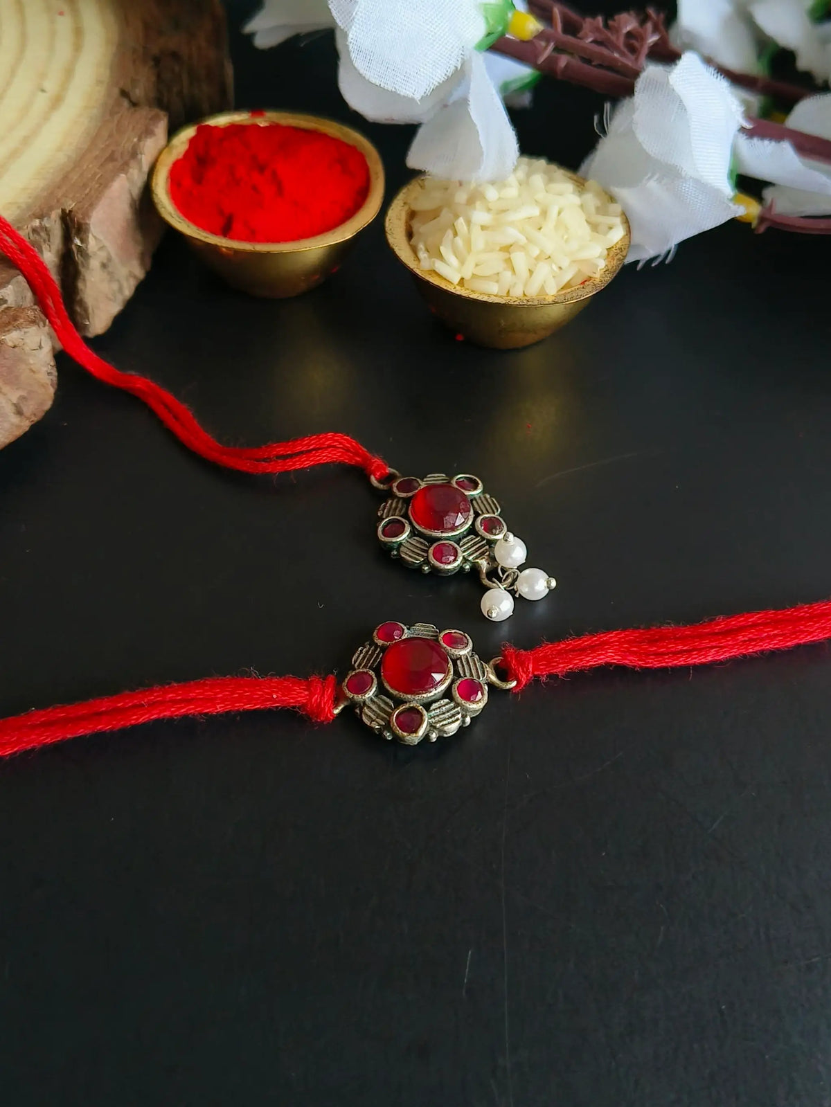 Oxidised Red Stone Bhaiya Bhabhi Rakhi Set | Dynamic Jewelove