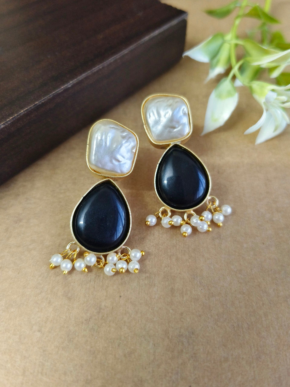 Party Wear Gold Plated Pearl and Monalisa Stud Earrings