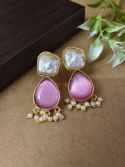 Party Wear Gold Plated Pearl and Monalisa Stud Earrings