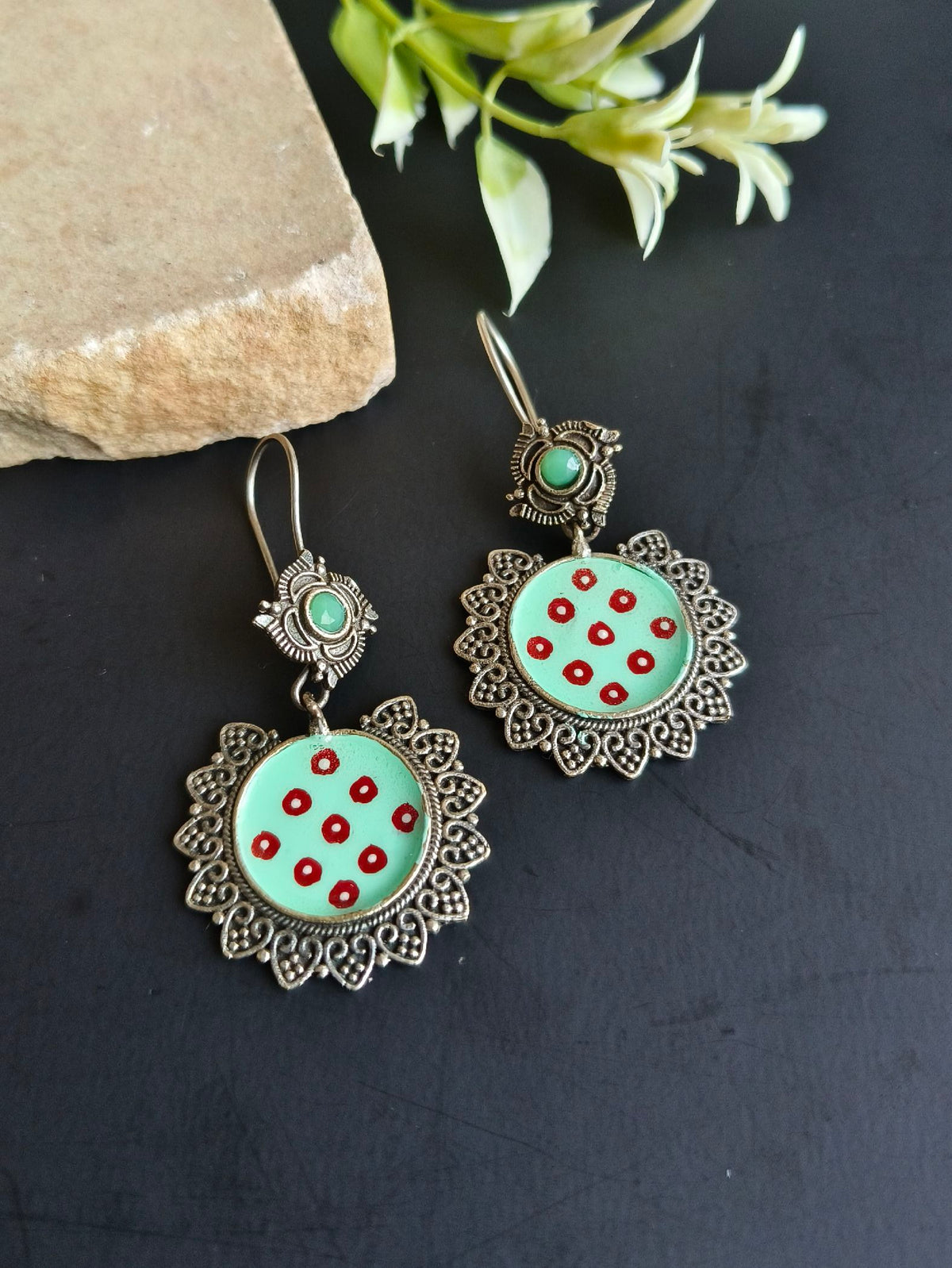 Hand Painted Oxidised Hook Earrings