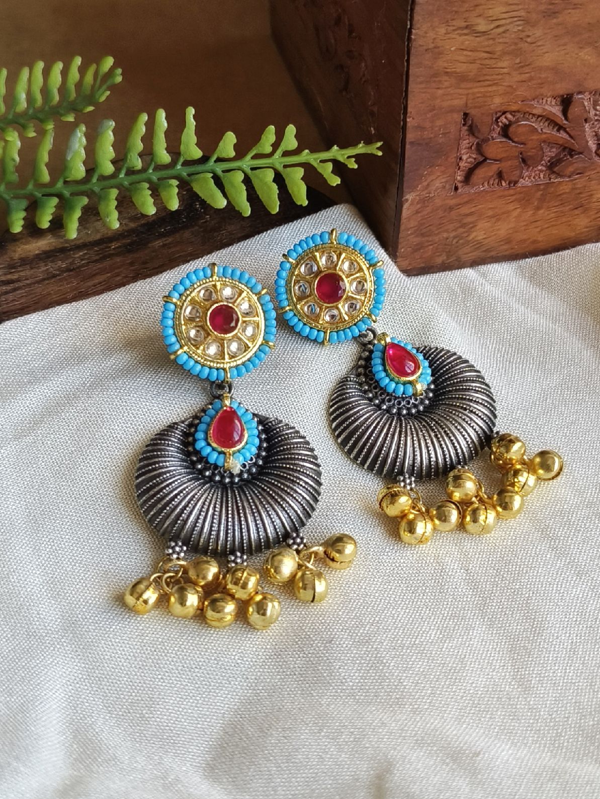 Oxidised Two-Tone Kundan Danglers with Golden Ghungroo | Dynamic Jewelove