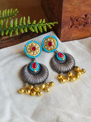 Oxidised Two-Tone Kundan Danglers with Golden Ghungroo | Dynamic Jewelove