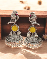 Traditional Silver Replica Peacock Jhumka Earrings with Monalisa Stone | Dynamic Jewelove