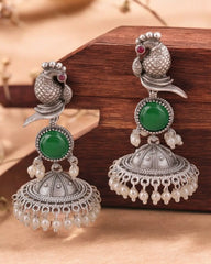 Traditional Silver Replica Peacock Jhumka Earrings with Monalisa Stone | Dynamic Jewelove