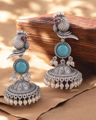 Traditional Silver Replica Peacock Jhumka Earrings with Monalisa Stone | Dynamic Jewelove