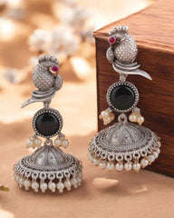 Traditional Silver Replica Peacock Jhumka Earrings with Monalisa Stone | Dynamic Jewelove