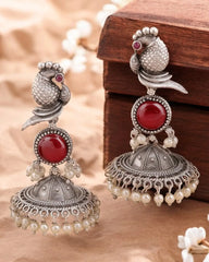 Traditional Silver Replica Peacock Jhumka Earrings with Monalisa Stone | Dynamic Jewelove