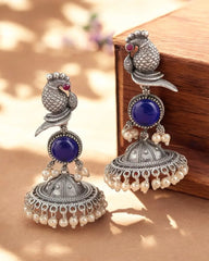 Traditional Silver Replica Peacock Jhumka Earrings with Monalisa Stone | Dynamic Jewelove