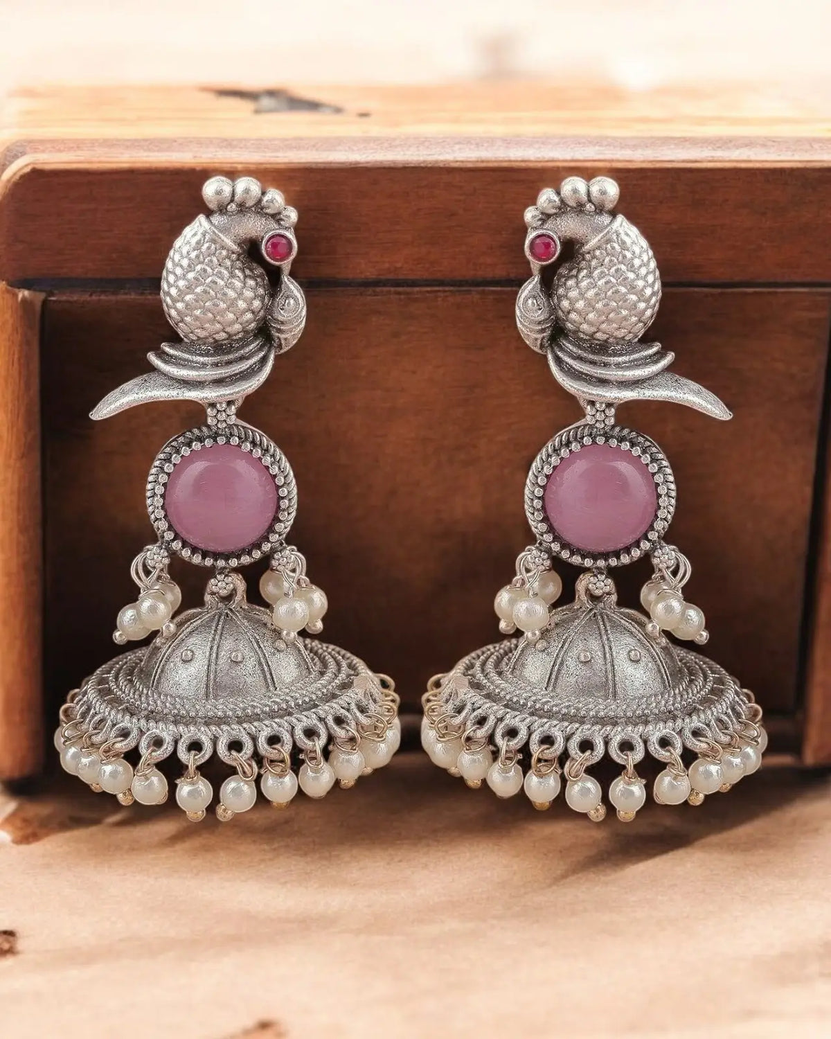 Traditional Silver Replica Peacock Jhumka Earrings with Monalisa Stone | Dynamic Jewelove