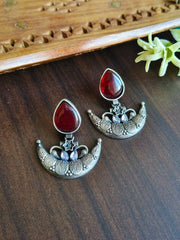 Antique Silver Look-Alike Half-Moon Dangler Earrings with Monalisa Stone | Dynamic Jewelove