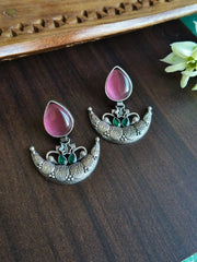 Antique Silver Look-Alike Half-Moon Dangler Earrings with Monalisa Stone | Dynamic Jewelove