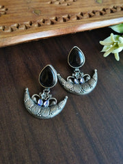 Antique Silver Look-Alike Half-Moon Dangler Earrings with Monalisa Stone | Dynamic Jewelove