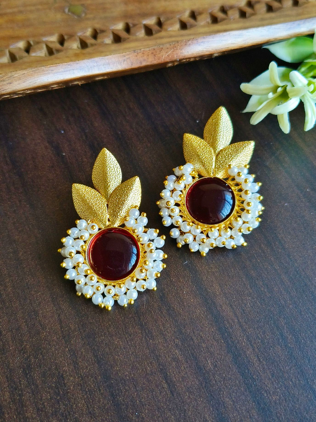 Golden Monalisa & Pearl Unique Stud Earrings for Party Wear | Dynamic Jewelove