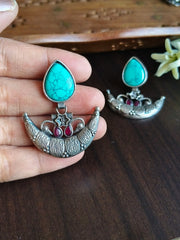 Antique Silver Look-Alike Half-Moon Dangler Earrings with Monalisa Stone | Dynamic Jewelove