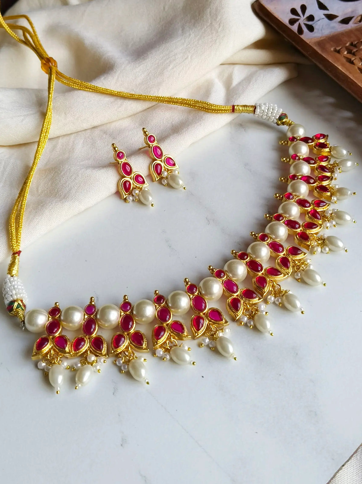 Golden Necklace Set with Pearl Drops for Weddings & Occasions | Dynamic Jewelove