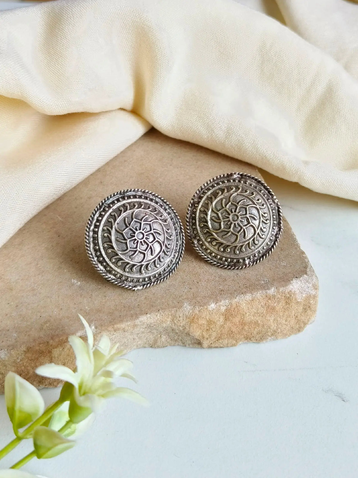 Handcrafted Antique Silver Look Stud Earrings with Unique Design | Dynamic Jewelove