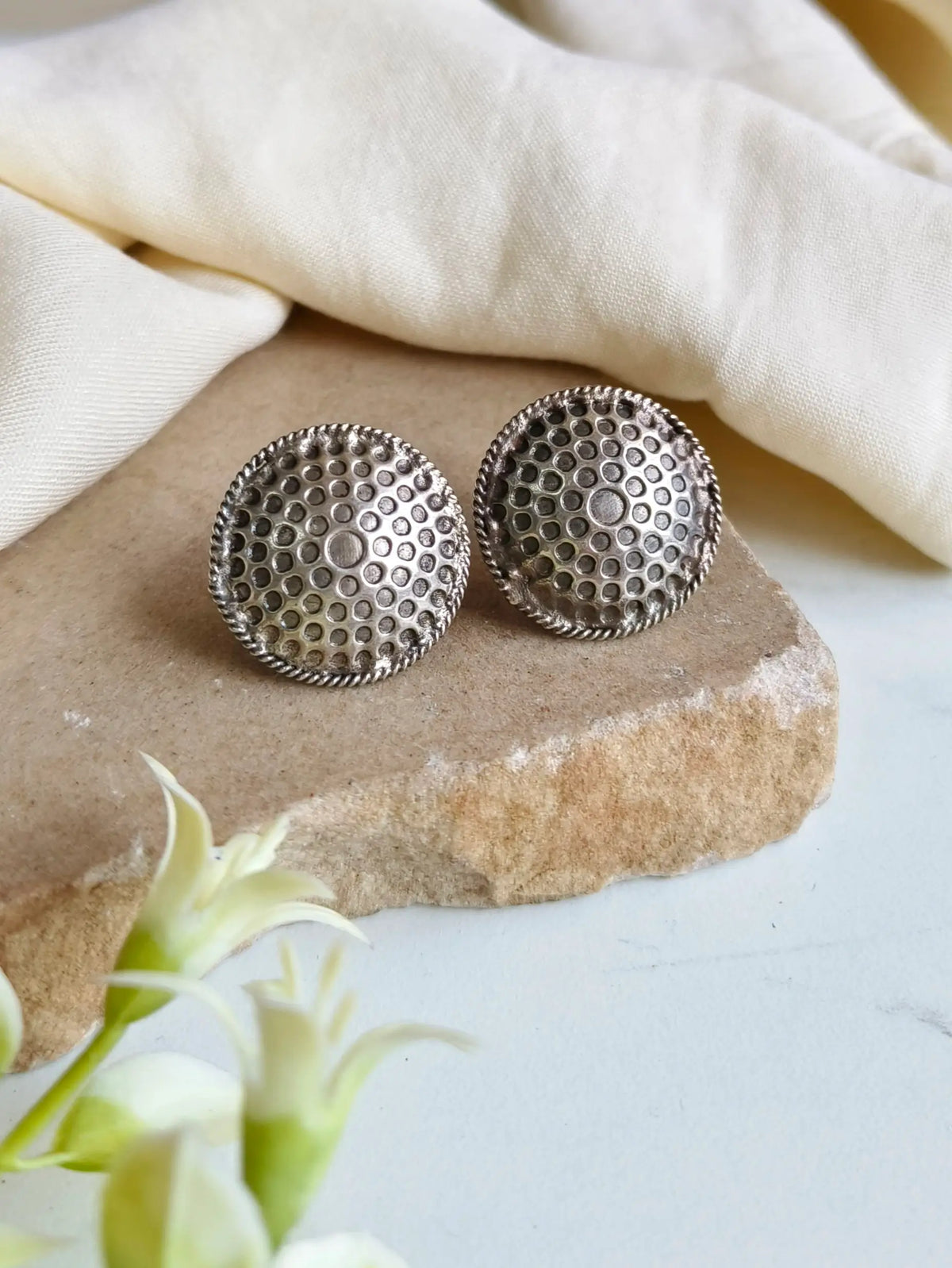 Handcrafted Antique Oxidised Silver Round Stud Earrings for Elegance | Dynamic Jewelove