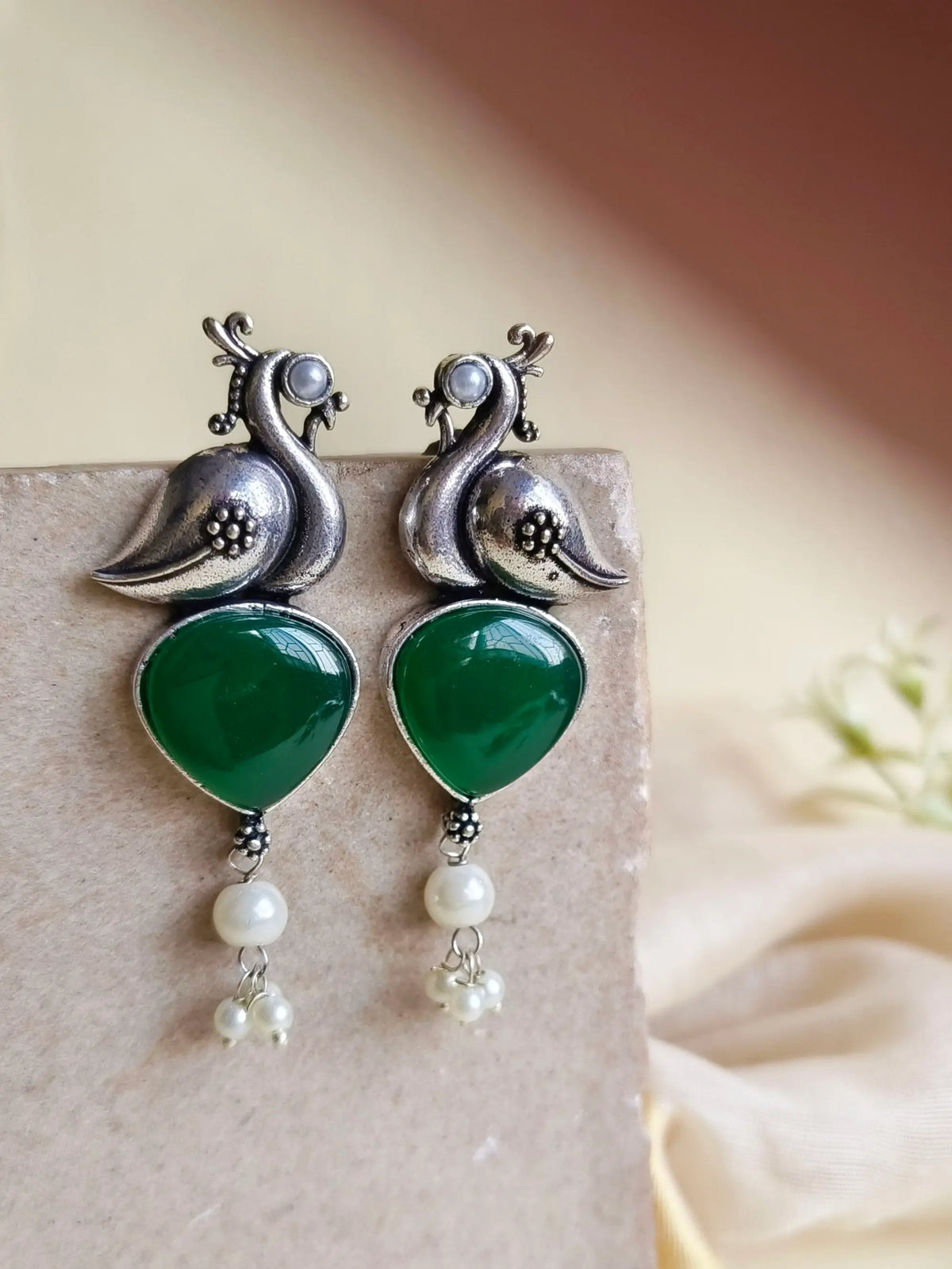 Oxidised Peacock Earrings with Monalisa Stone & Pearl Accents | Dynamic Jewelove