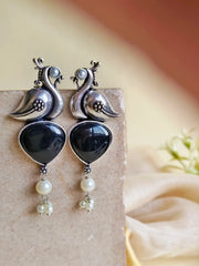 Oxidised Peacock Earrings with Monalisa Stone & Pearl Accents | Dynamic Jewelove