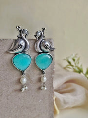 Oxidised Peacock Earrings with Monalisa Stone & Pearl Accents | Dynamic Jewelove